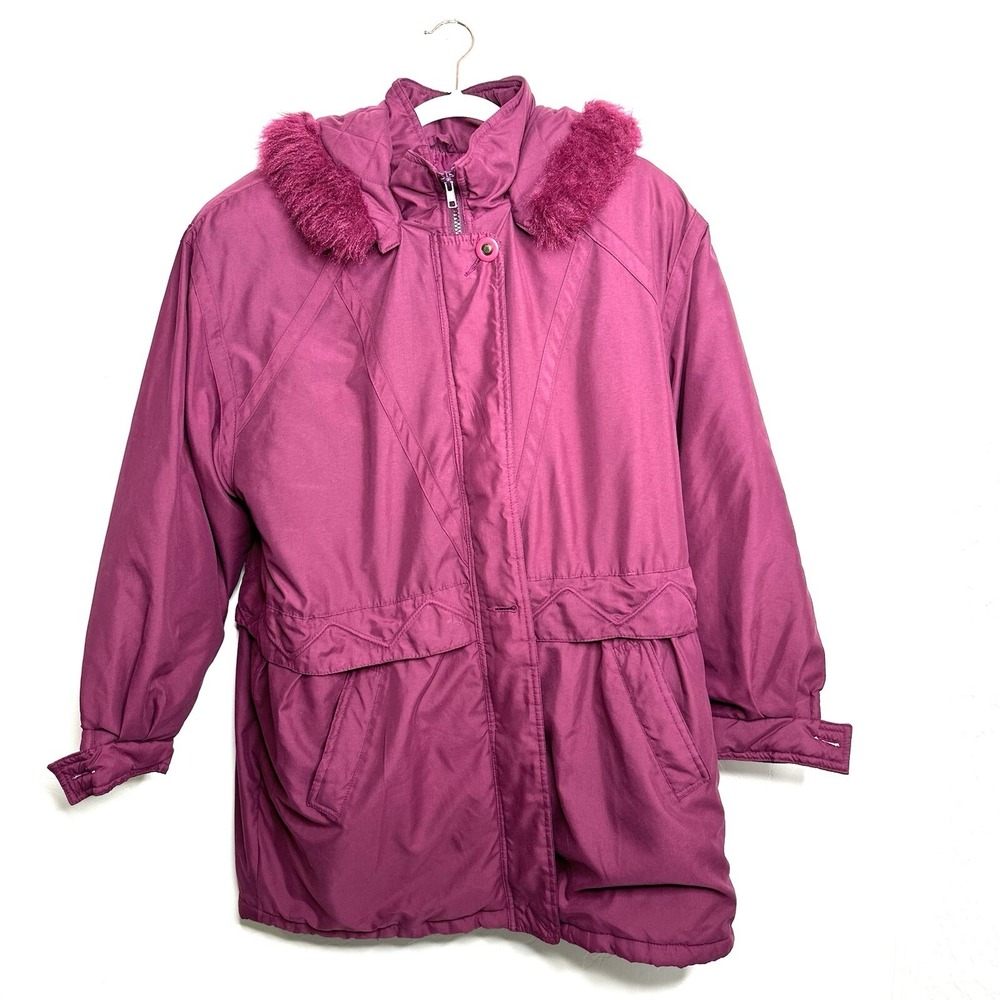 MonteNapoleone Winter Coat Purple Faux Fur Hooded Womens M Medium Vintage FLAW‎